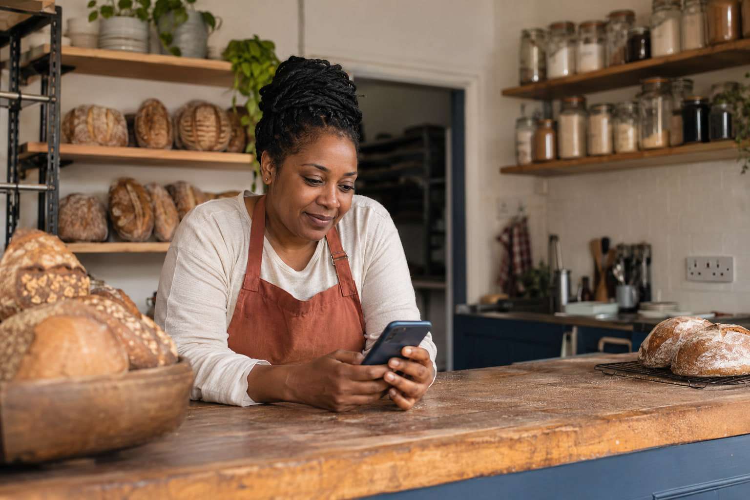 A shop owner in an apron leaning on the counter of her bakery, checking her phone after closing.