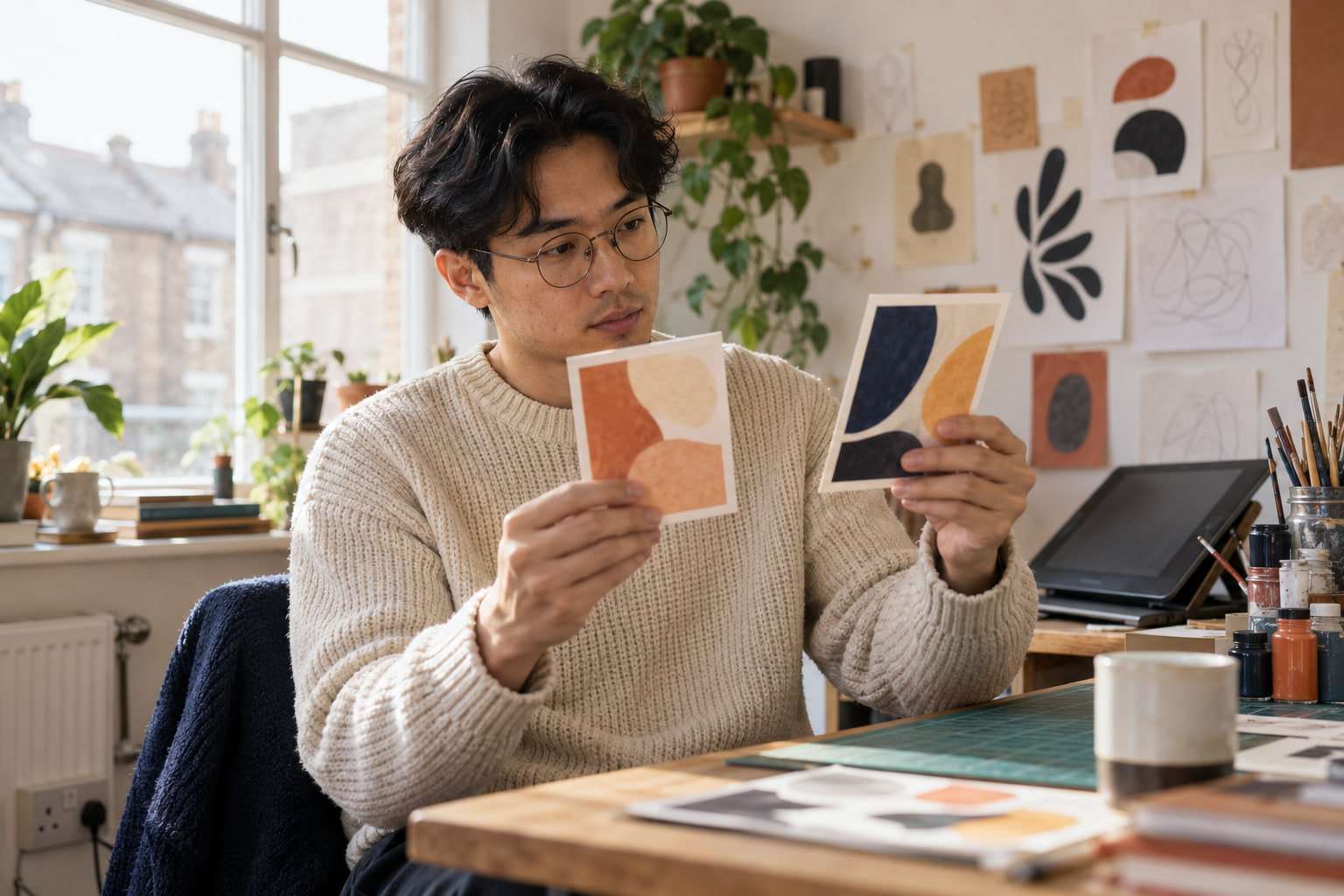 A designer in his studio comparing two colour swatch cards side by side.