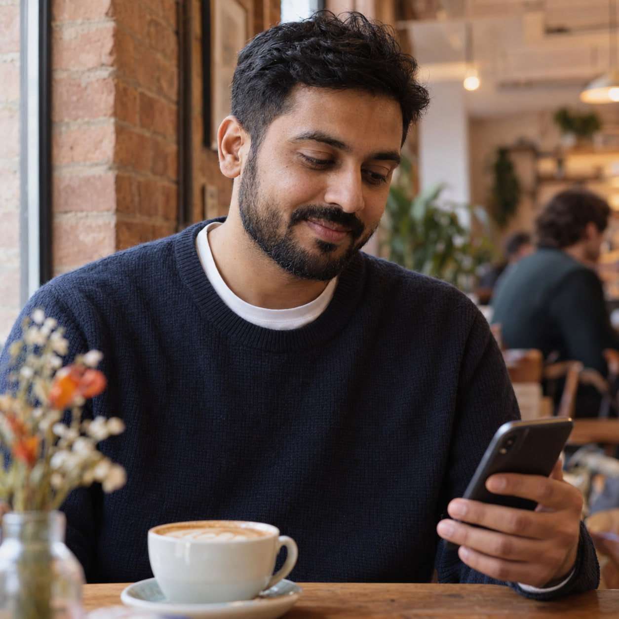 A man in a navy jumper glancing at his phone in a café, a coffee beside him.
