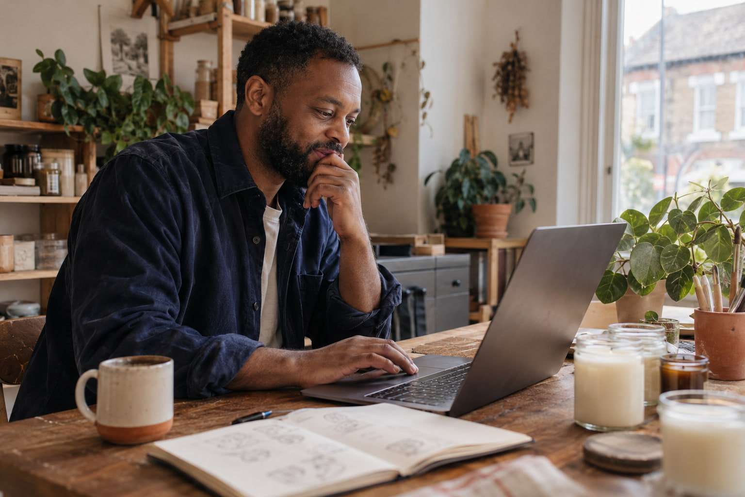 A man at a kitchen table among handmade candles and a sketchbook, reading something on his laptop with a thoughtful half-smile.