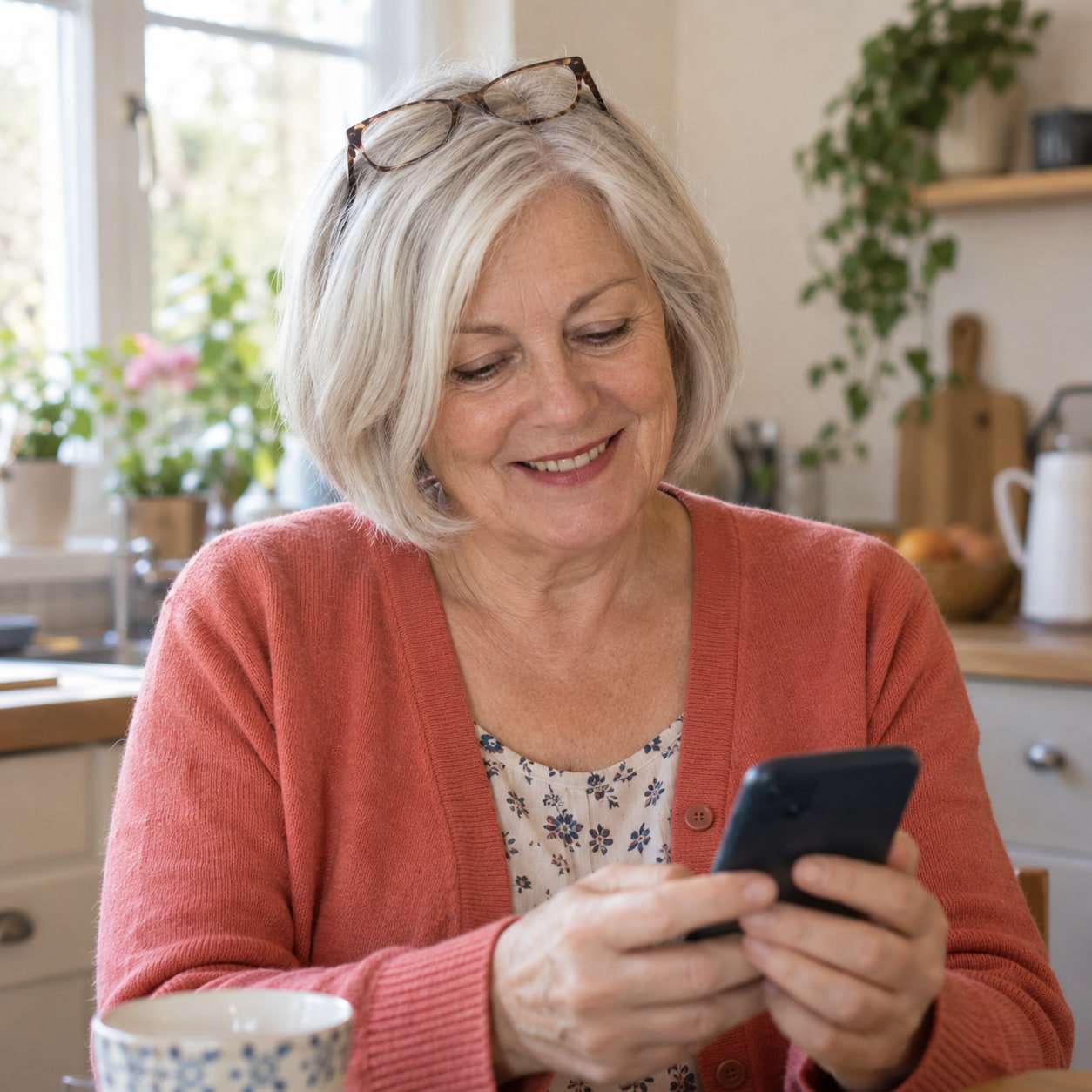 An older woman with a silver bob and glasses on her head, smiling at her phone in a bright kitchen.