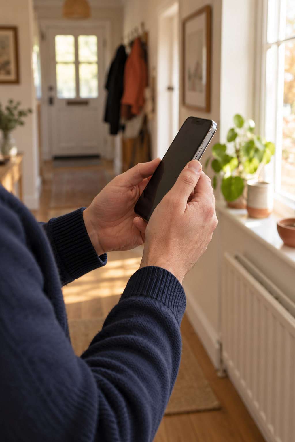 Close-up of someone in a navy jumper in a sunny hallway, holding a phone with a thumb on its side button.