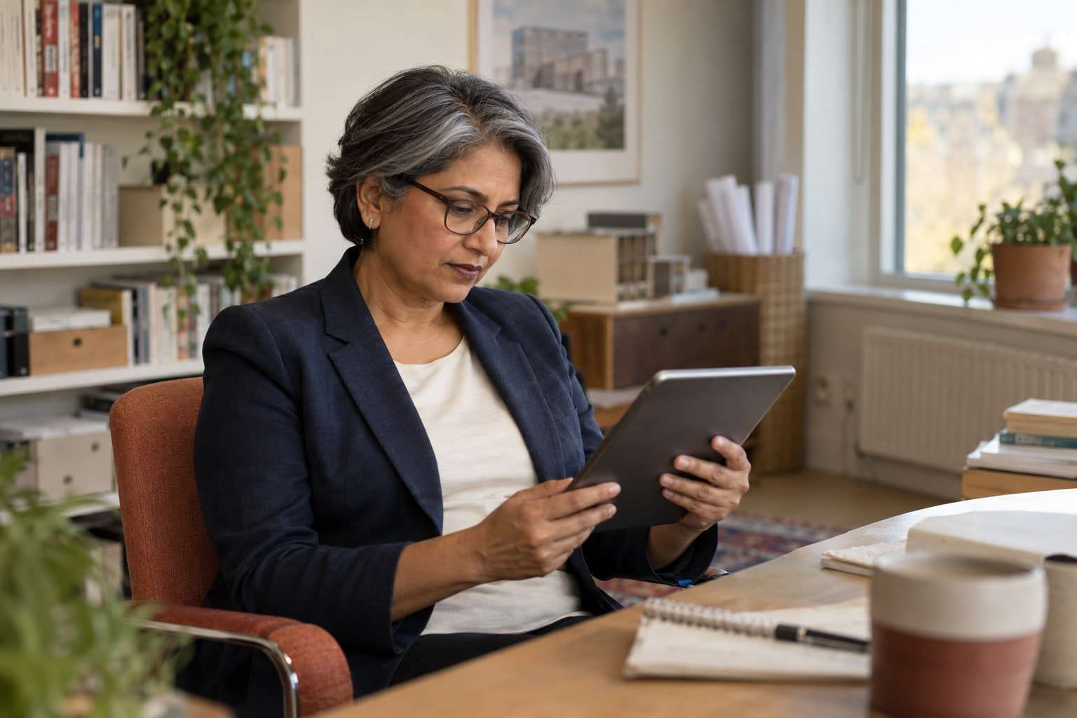 A professional woman in a navy blazer and glasses reading a tablet in a book-lined office.