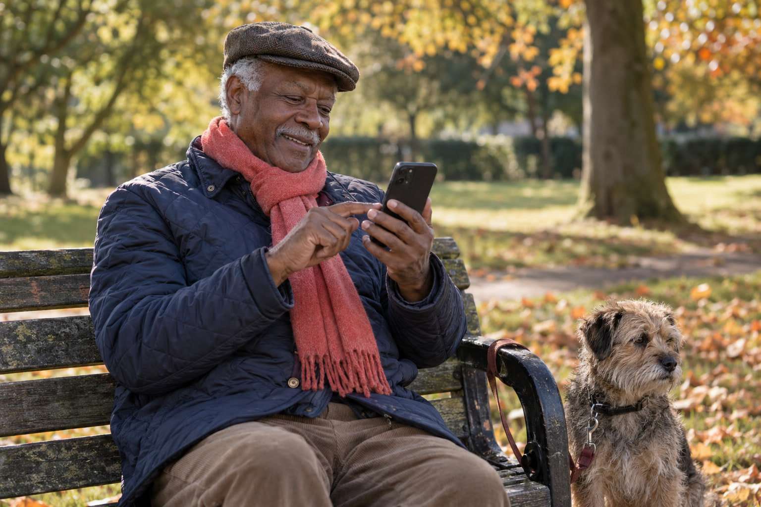 A retired man in a flat cap on a park bench in autumn sun, smiling as he taps on his phone, his dog beside him.