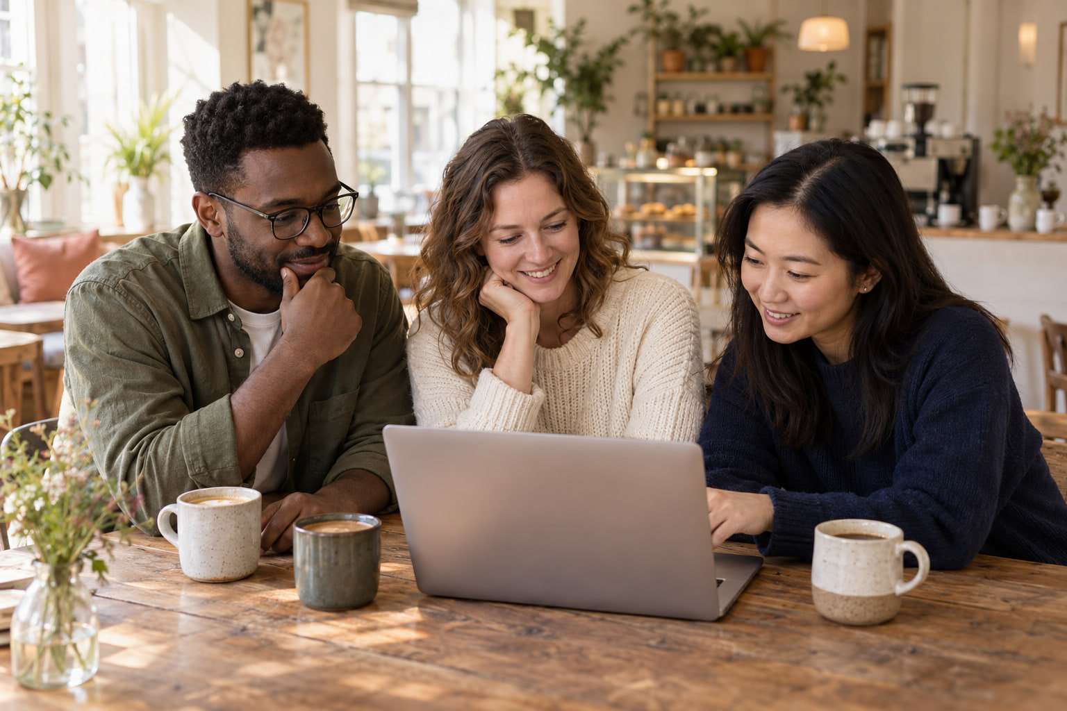 Three colleagues side by side at a café table, leaning in to look at one laptop together over coffee.