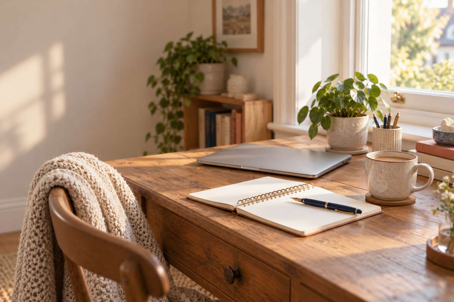 A tidy wooden desk by a sunny window: an open notebook and pen, a mug of tea, a closed laptop and a pot plant.