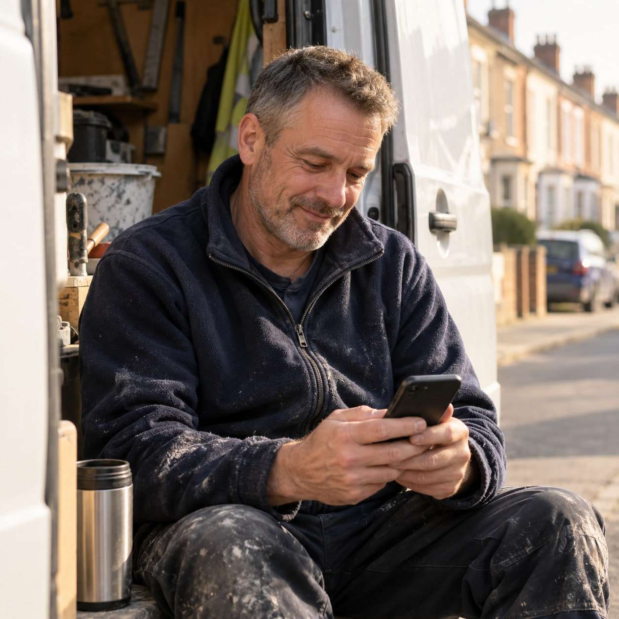 A tradesman in a dusty work fleece sitting on the step of his van, checking his phone on a tea break.