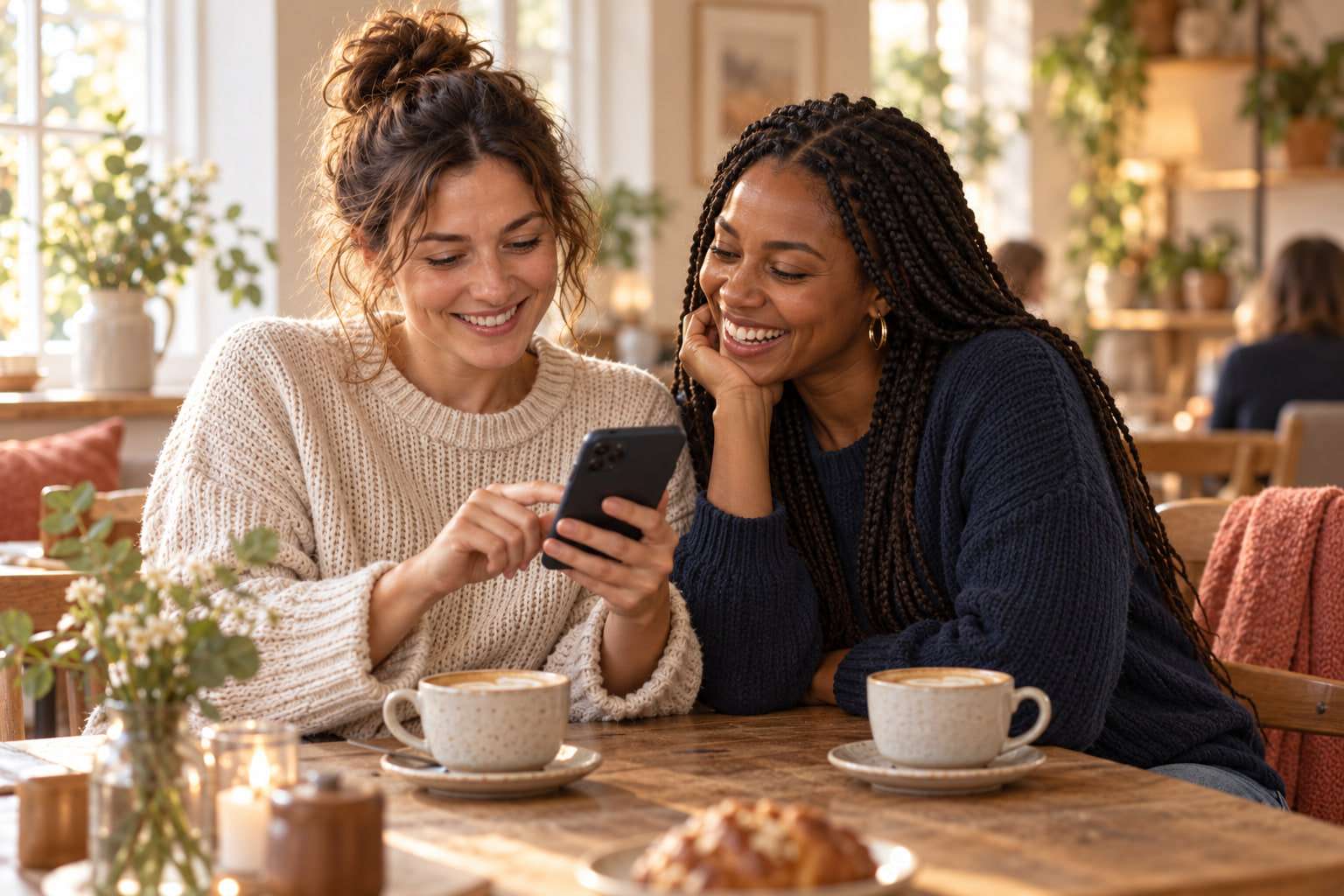 Two friends laughing together over coffee in a warm café, one holding a phone.