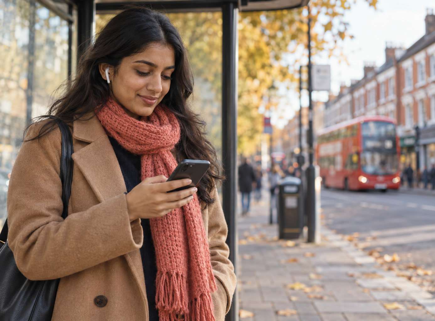 A woman in a coral scarf at a bus stop on an autumn high street, smiling at her phone while she waits.