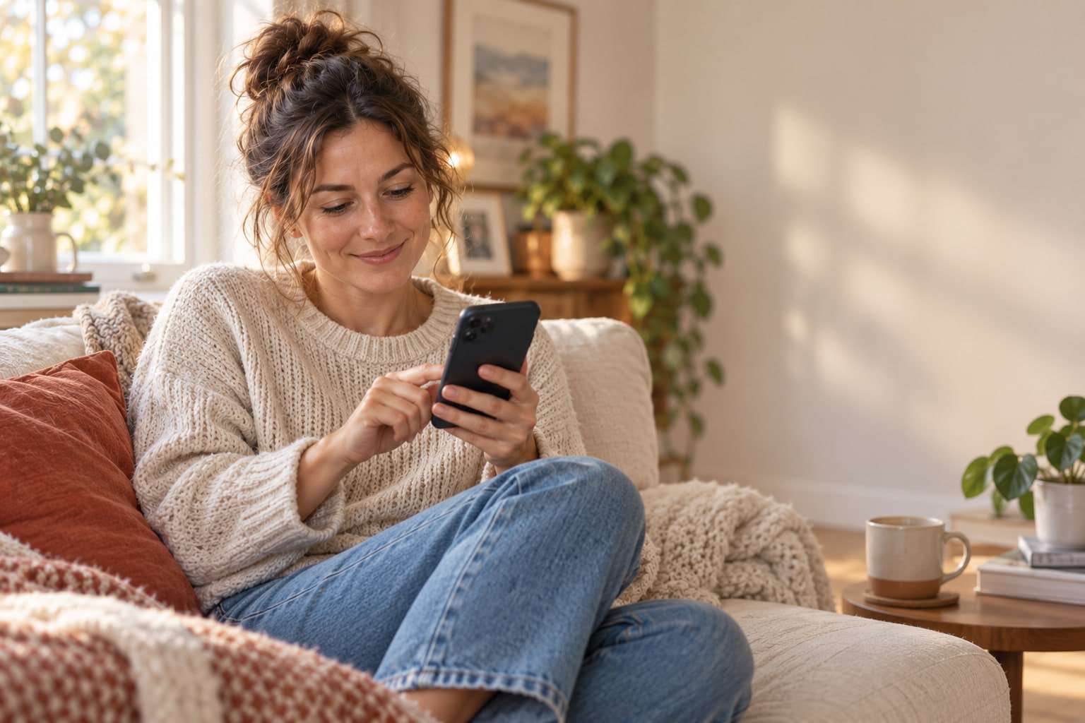 A woman curled up on a sofa in a sunny living room, smiling as she taps a reply on her phone.