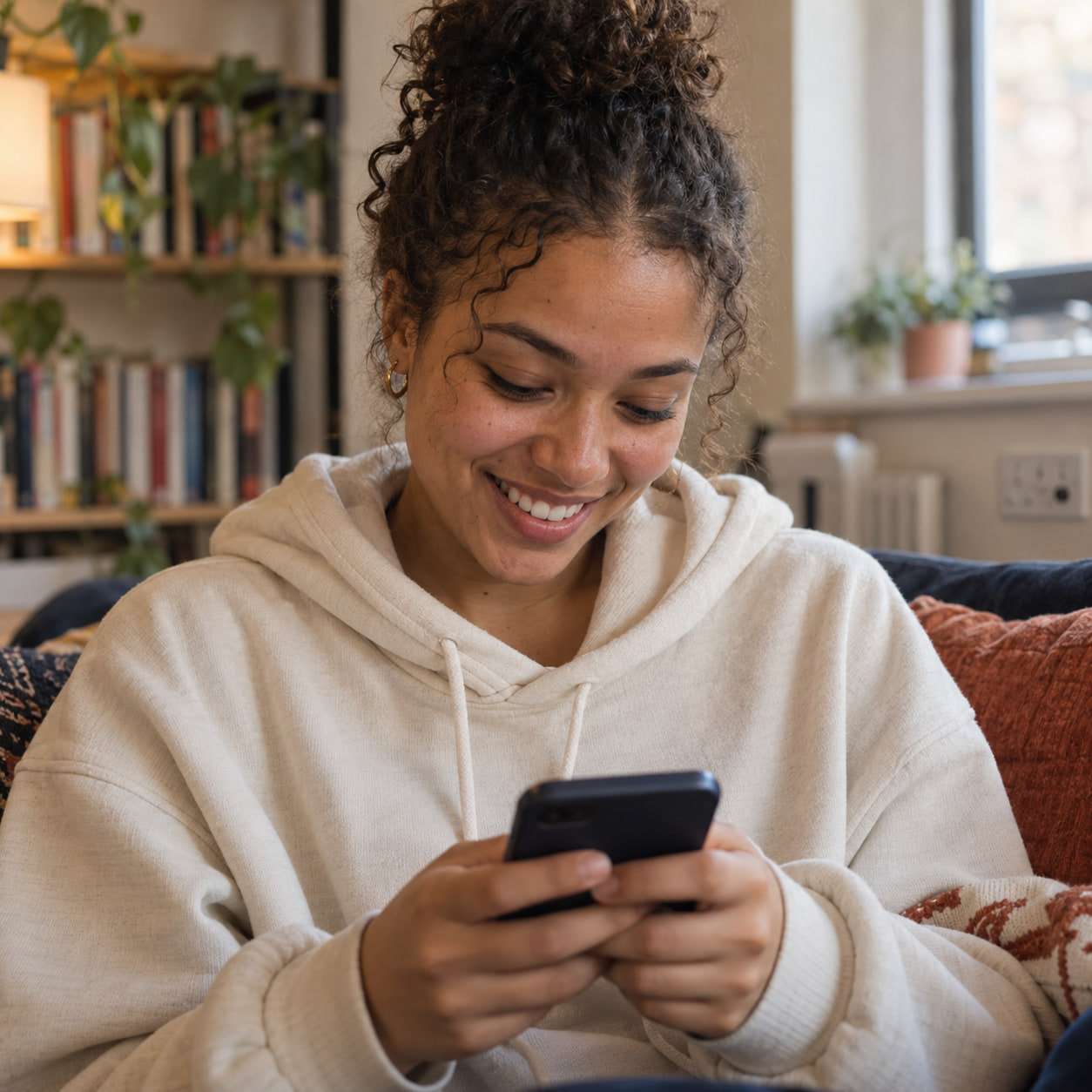 A young woman with curly hair in a cream hoodie, laughing at something on her phone.