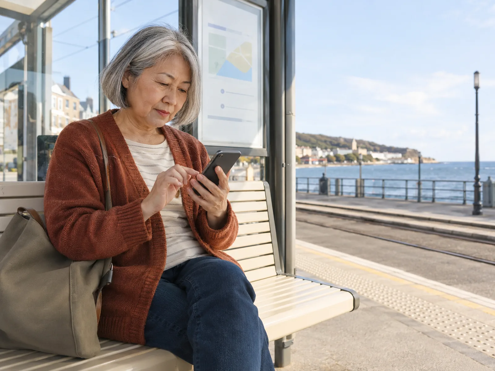 Woman with a silver bob using her phone on a bench at a seaside tram stop