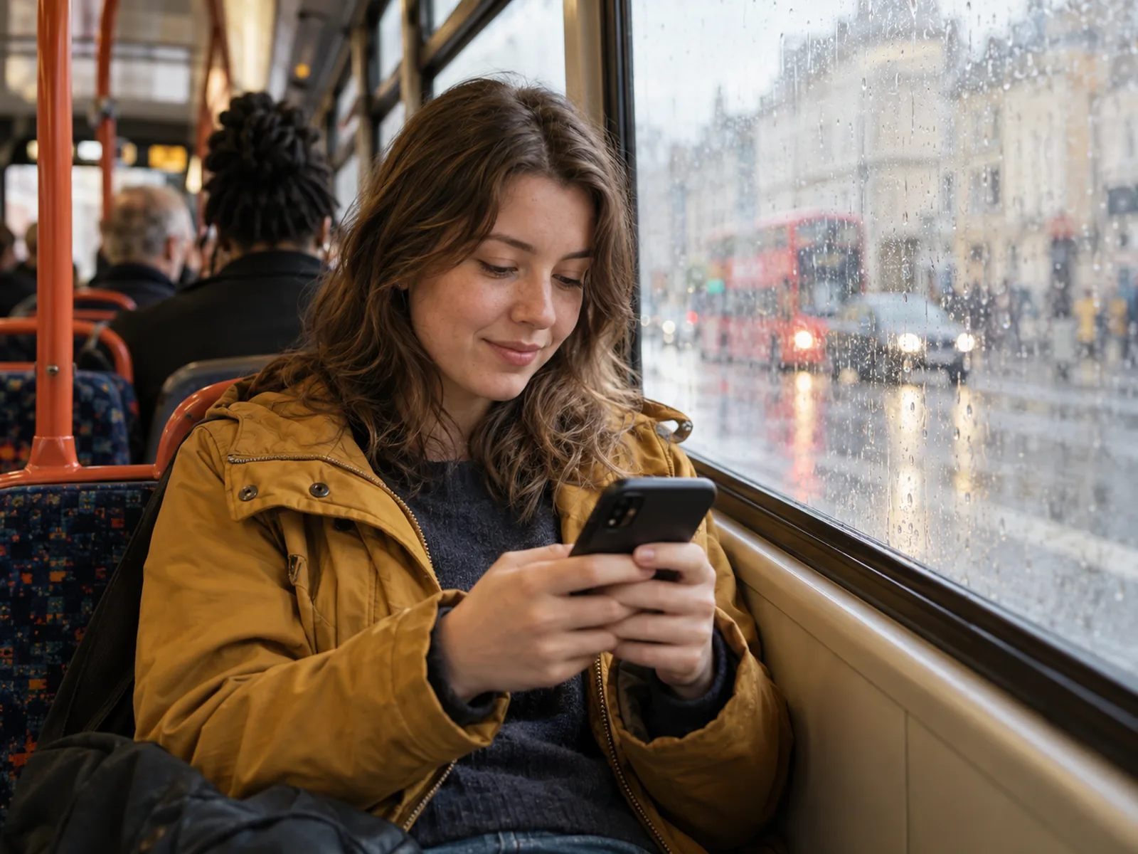 Woman in a yellow jacket looking at her phone by a rainy bus window