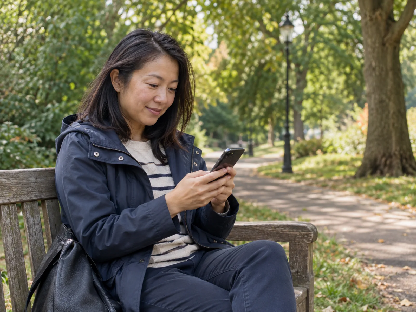 Woman in a navy jacket smiling at her phone on a park bench under trees