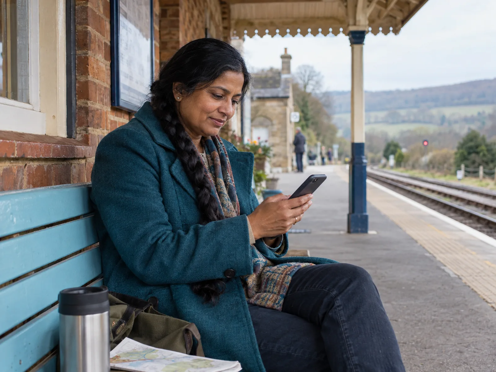 Woman with a long braid reading her phone on a bench at a rural railway platform