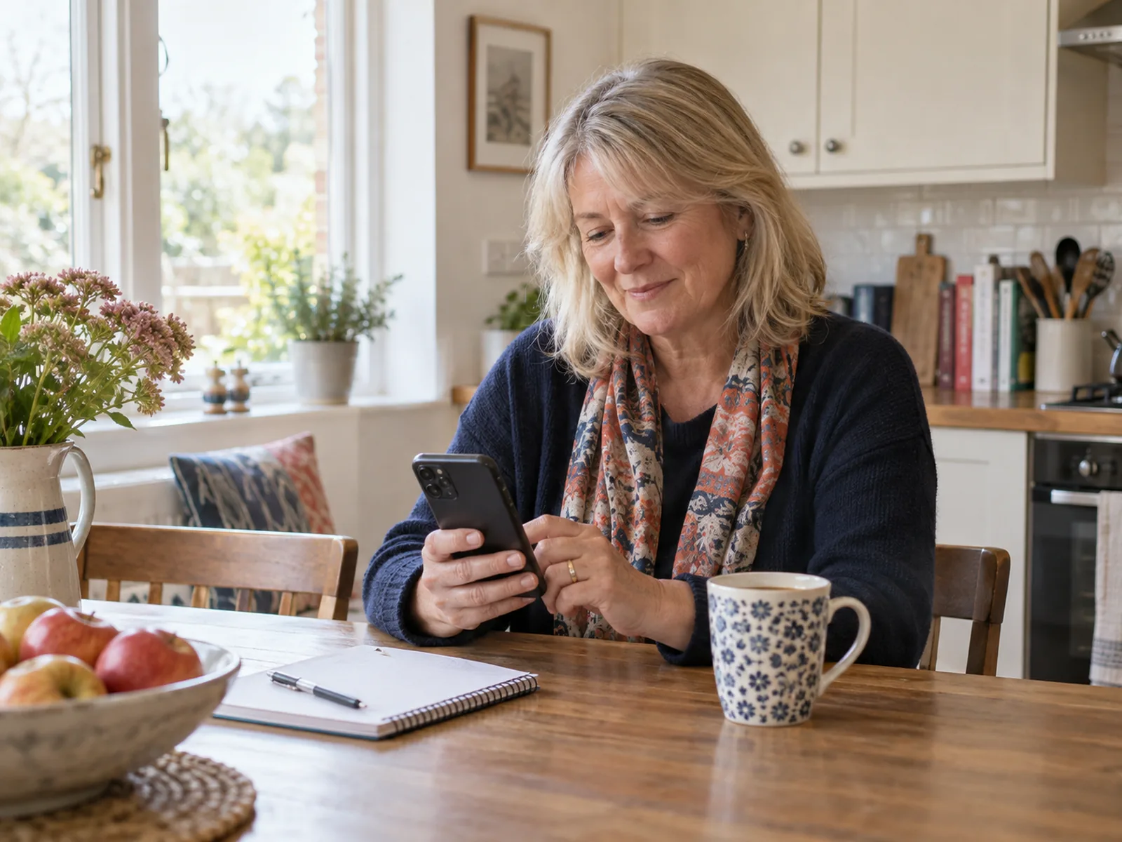Woman with blonde hair and a scarf checking her phone at a kitchen table beside a mug