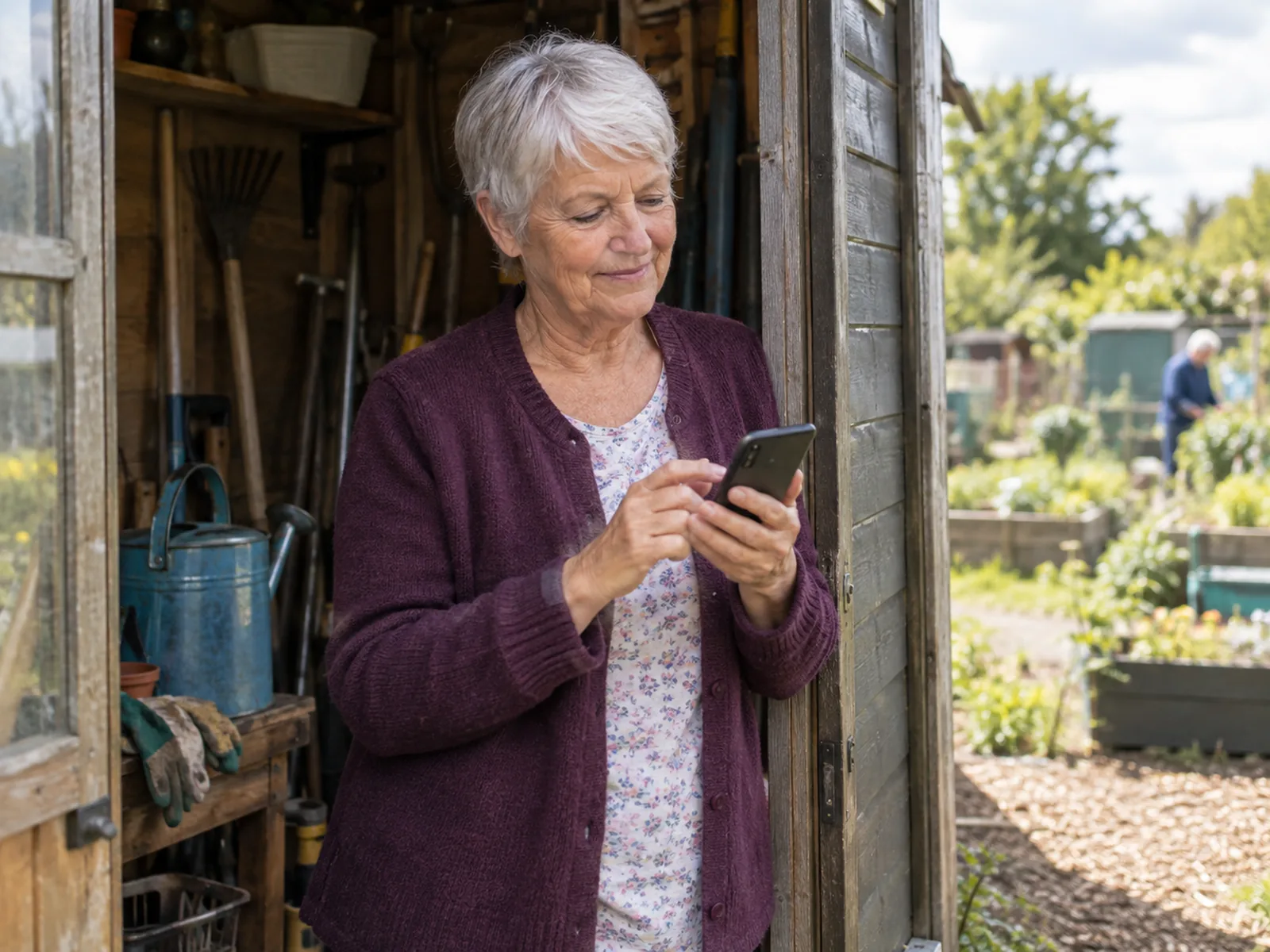 Older woman in a plum cardigan checking her phone in the doorway of an allotment shed