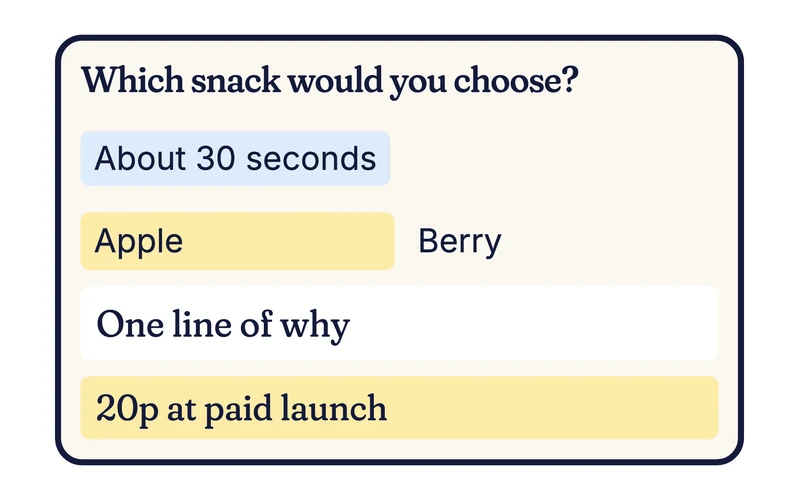 Example question card asking which snack you would choose, with 20p at paid launch