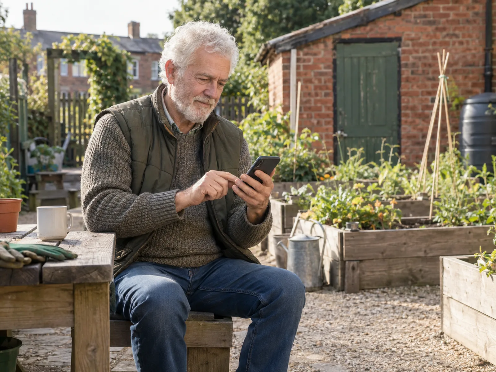 Older man with a white beard checking his phone on a bench in a community garden