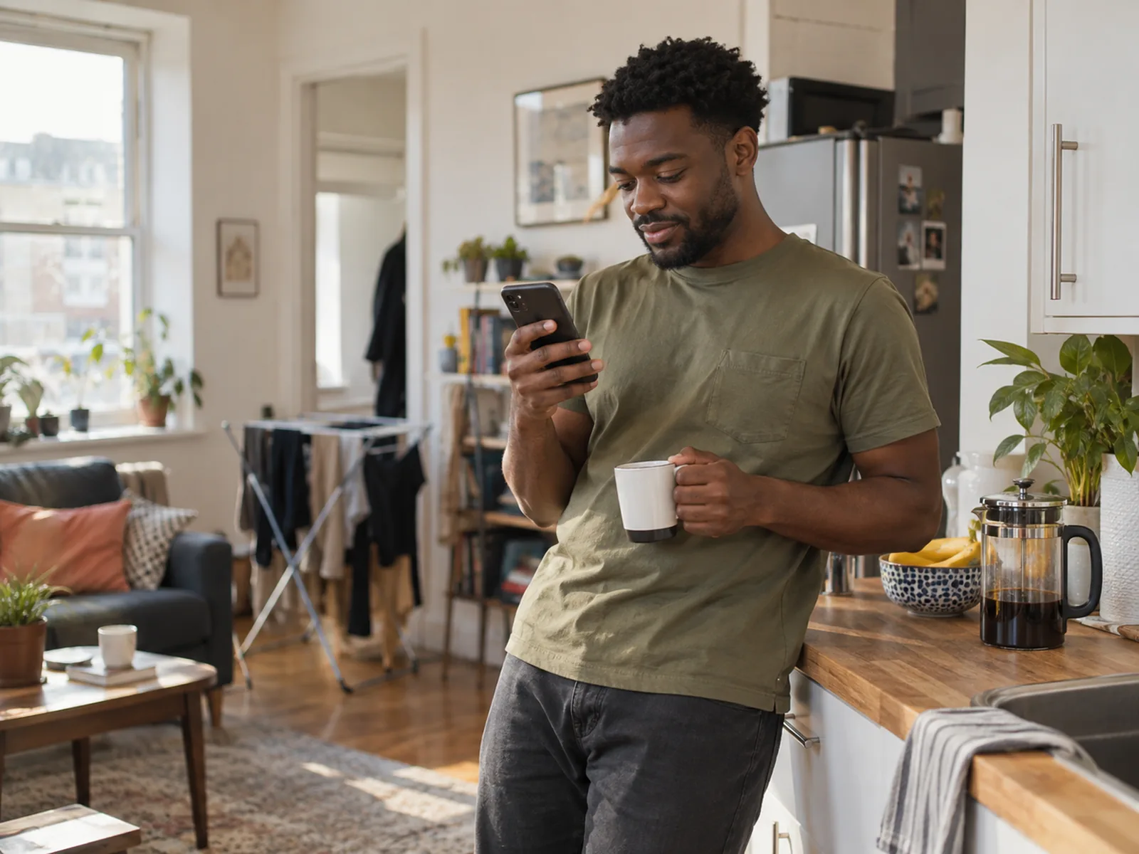 Man holding a mug and looking at his phone in a bright kitchen