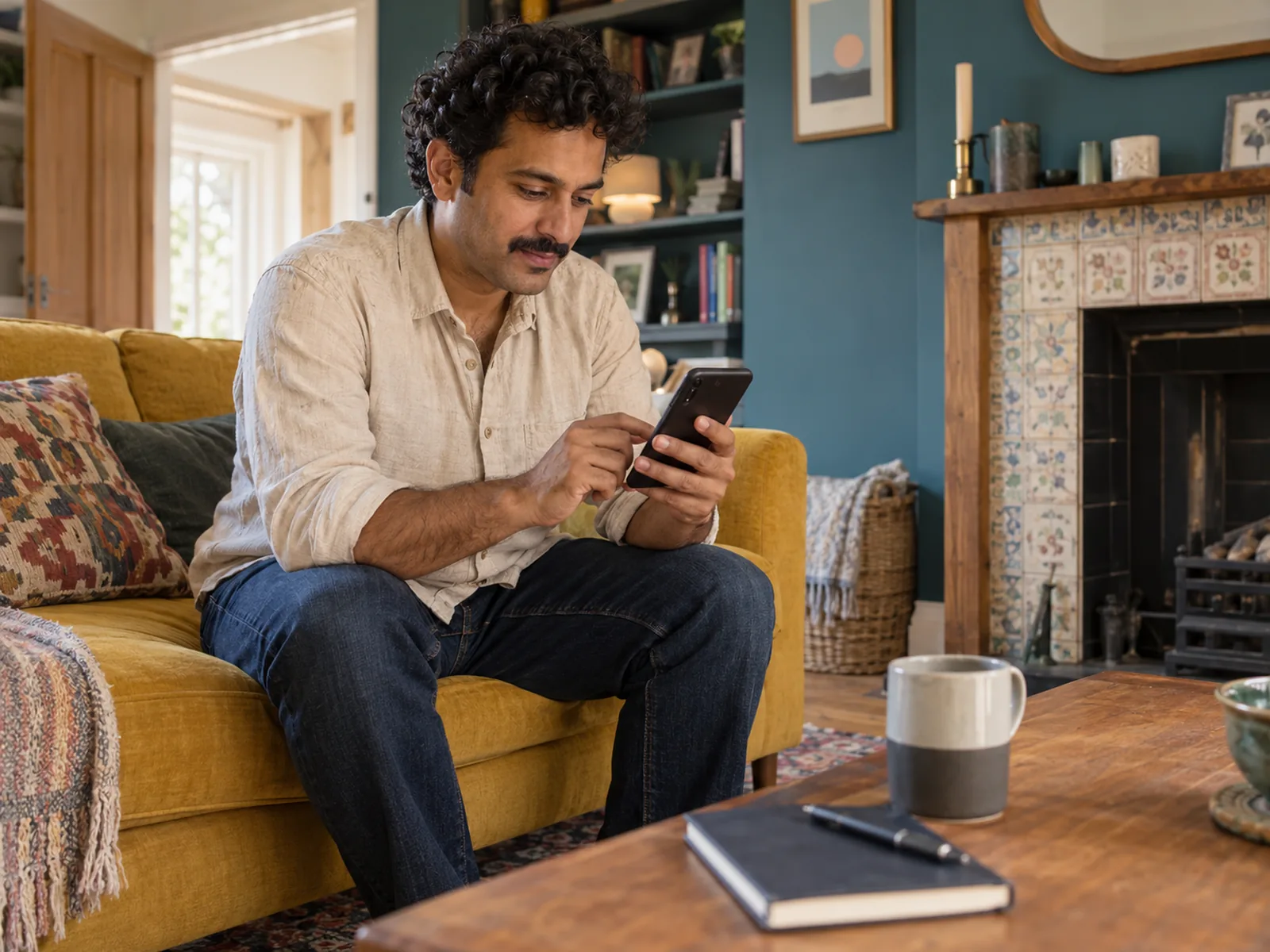 Man with curly hair and a moustache using his phone on a mustard sofa by a tiled fireplace