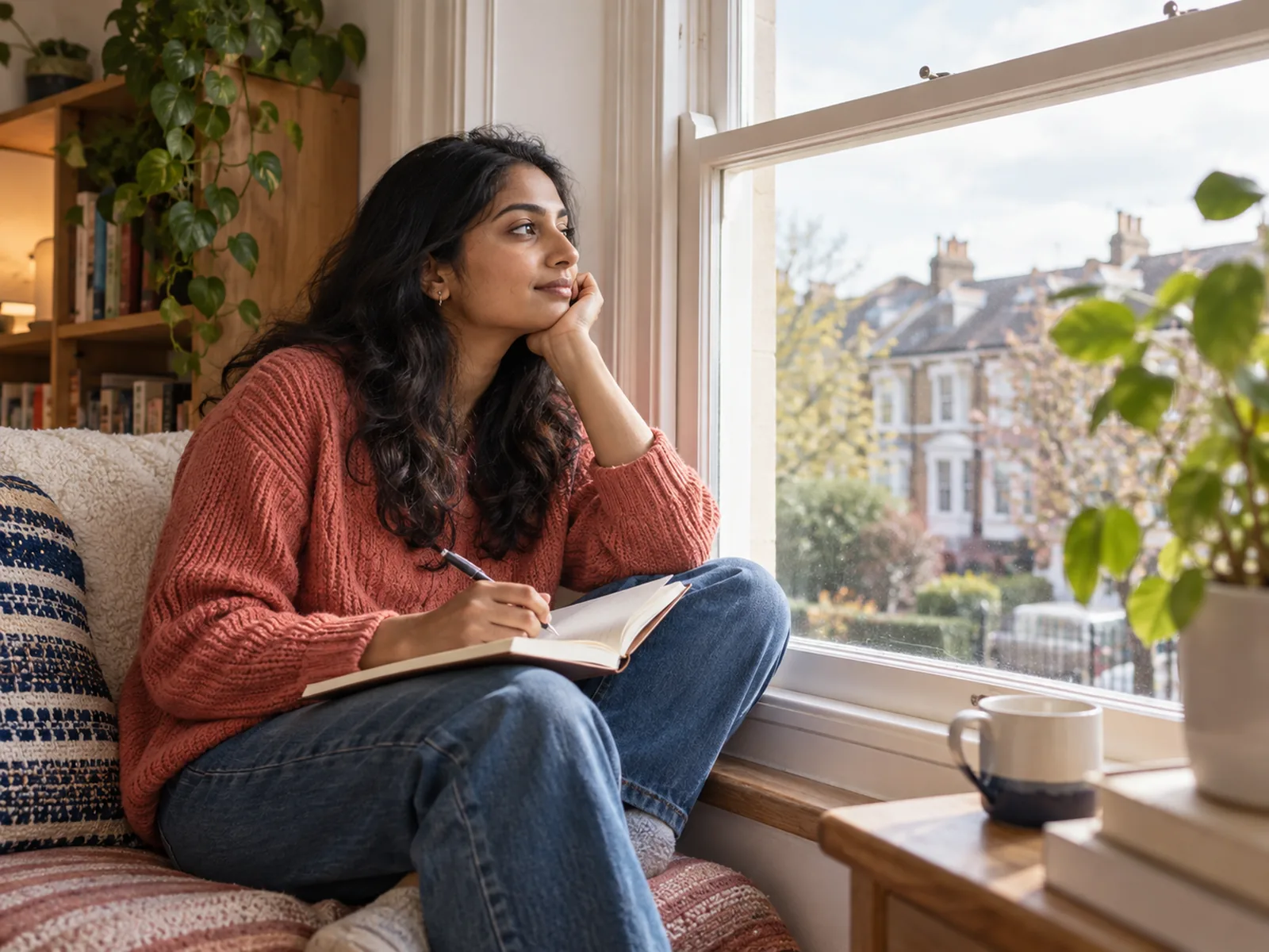 Woman in a coral jumper thinking with a notebook on a window seat