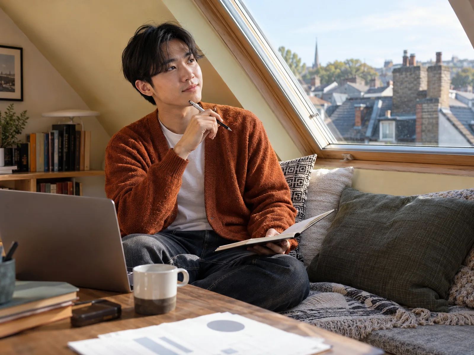 Young man in an orange cardigan thinking with a notebook in an attic window seat over rooftops