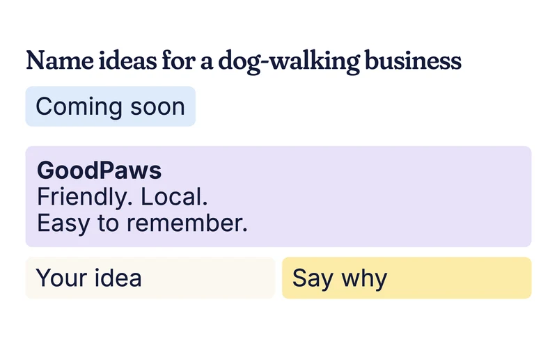 Example naming brief for a dog-walking business, marked Coming soon