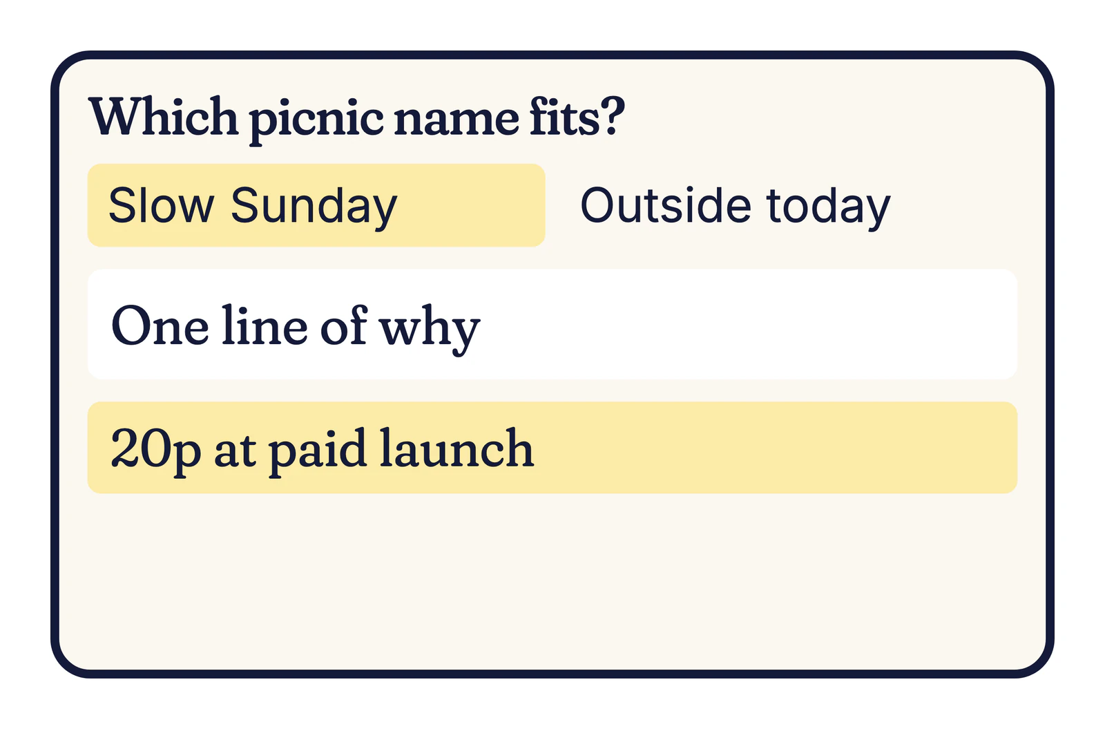 Example question card: Which picnic name fits? Slow Sunday or Outside today, with a line of why and 20p at paid launch