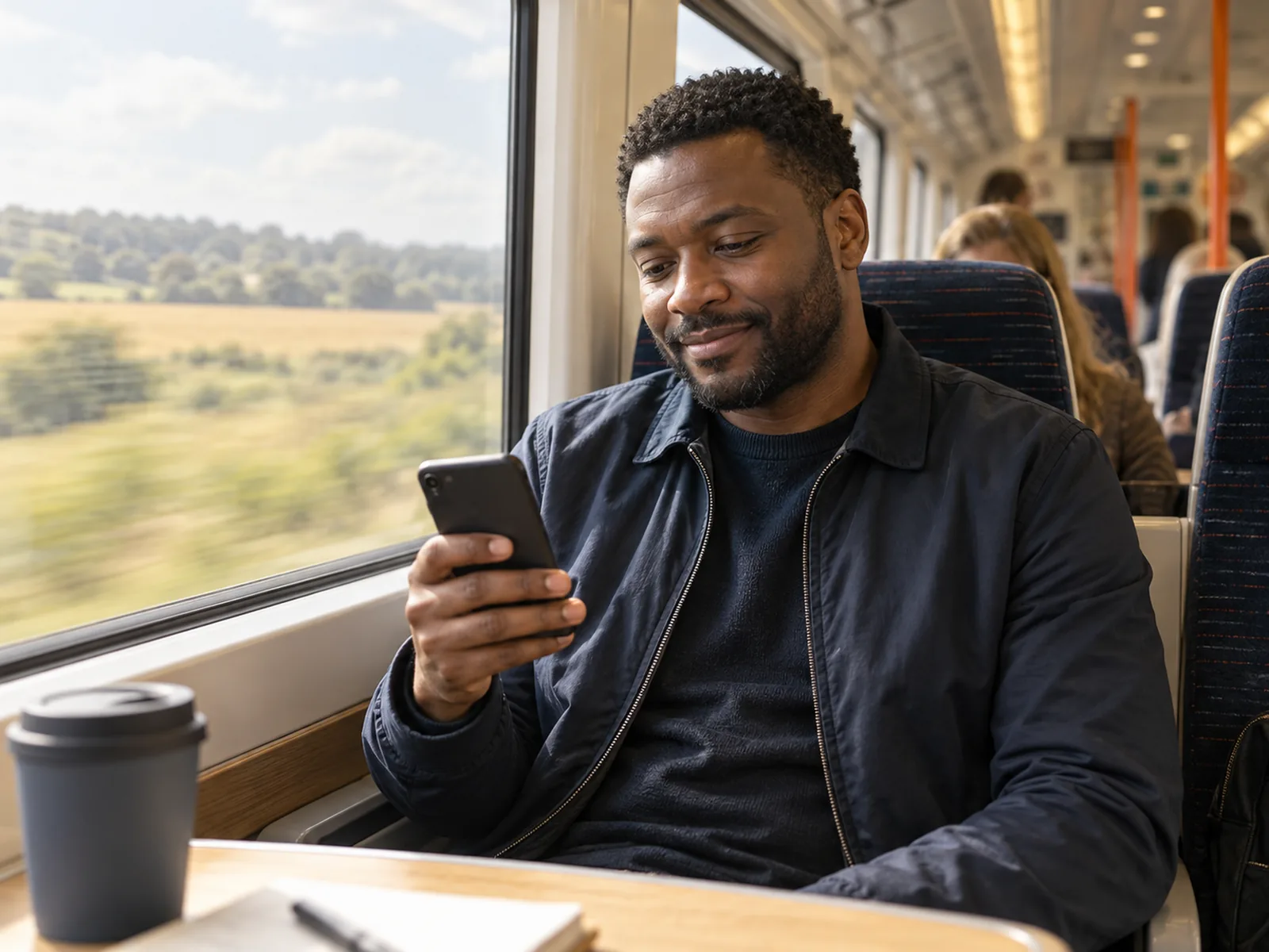 Man in a dark jacket smiling at his phone by a train window