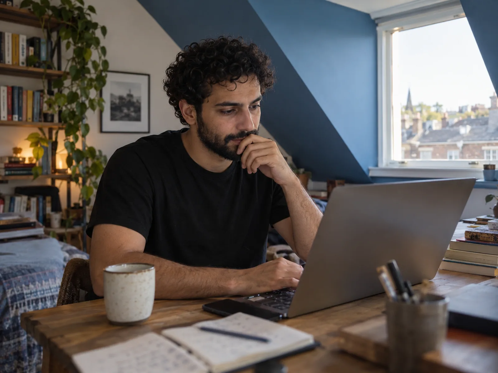 Man with curly hair and a beard reading a laptop carefully in a blue attic study