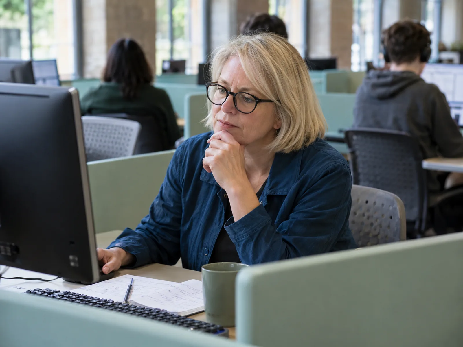 Woman with a blonde bob and round glasses studying a desktop screen in a computer room
