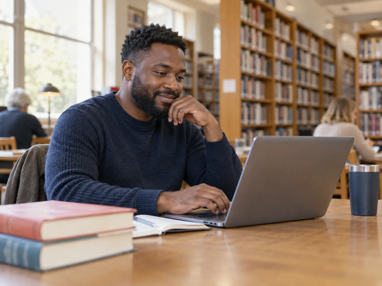 Man in a navy jumper smiling at a laptop at a library table