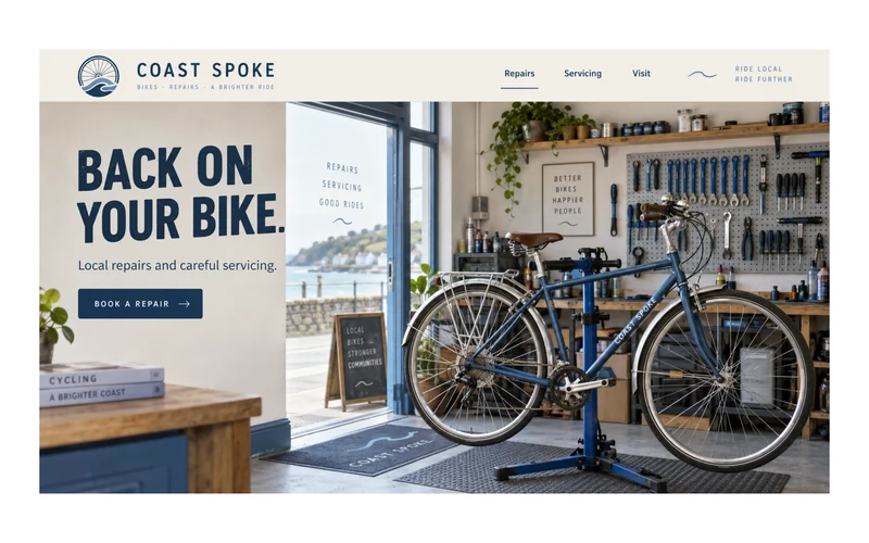 Example CoastSpoke bike repair homepage reading Back on your bike