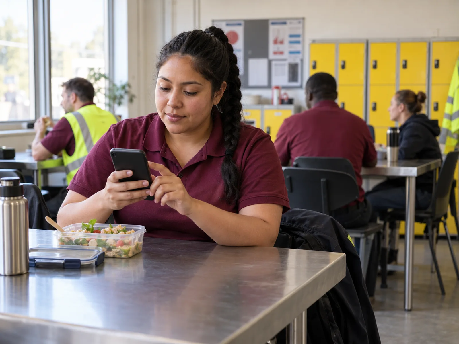 Woman in a maroon polo using her phone over a packed lunch in a staff canteen with yellow lockers