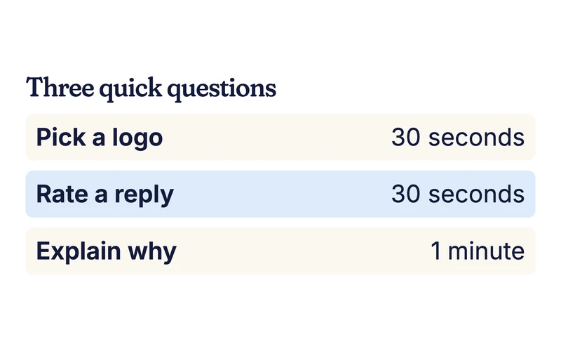 Example list of three quick questions with 30-second and 1-minute times
