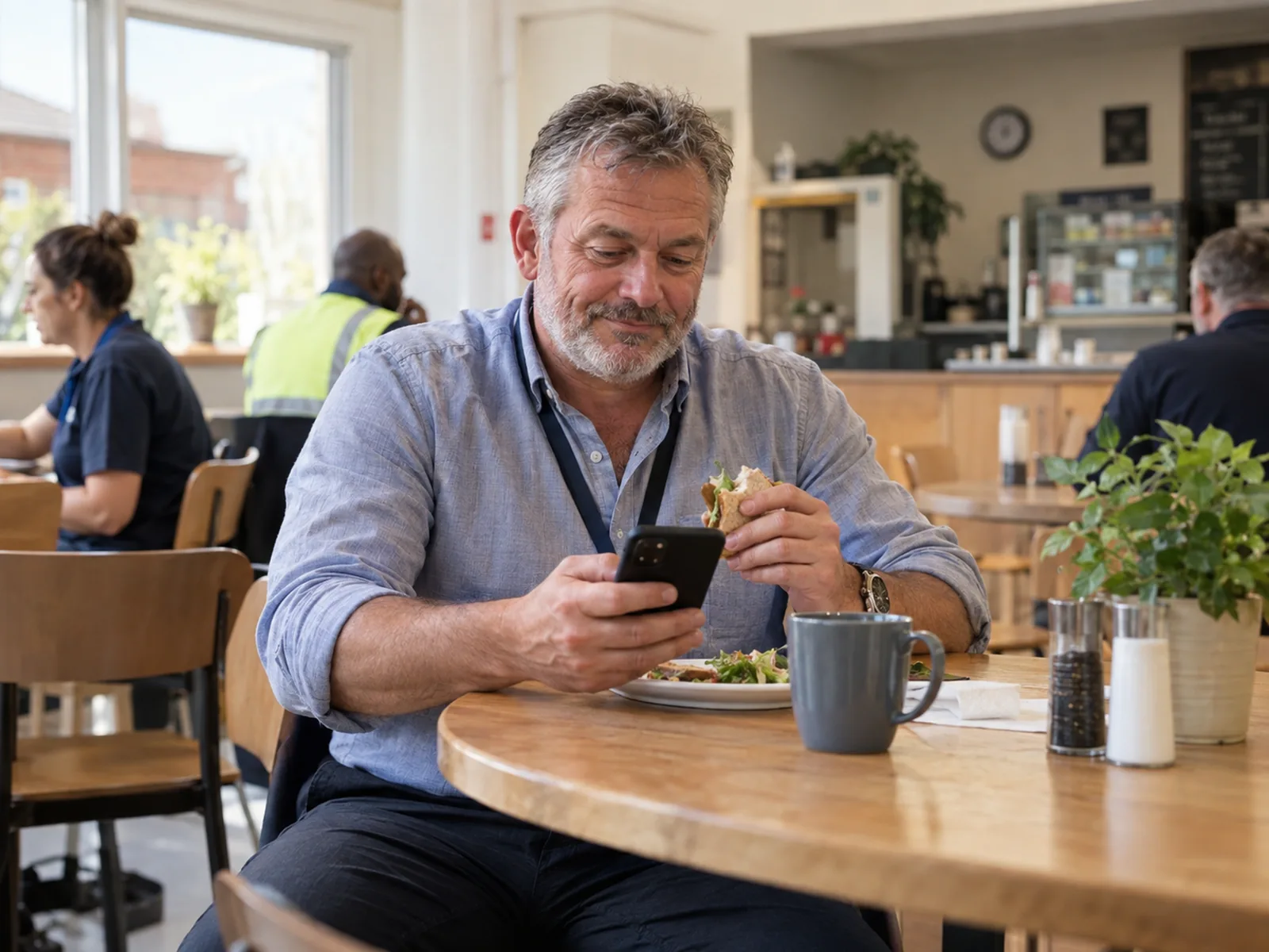 Man with a lanyard checking his phone over lunch at a café table