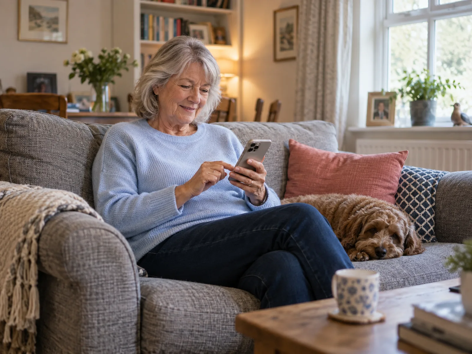 Woman with grey hair smiling at her phone on a sofa beside a sleeping dog