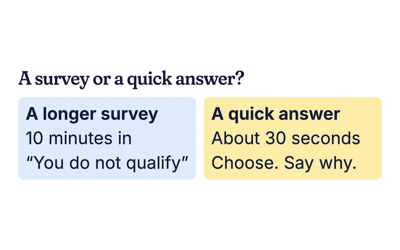Example comparison of a longer survey that screens you out and a 30-second quick answer