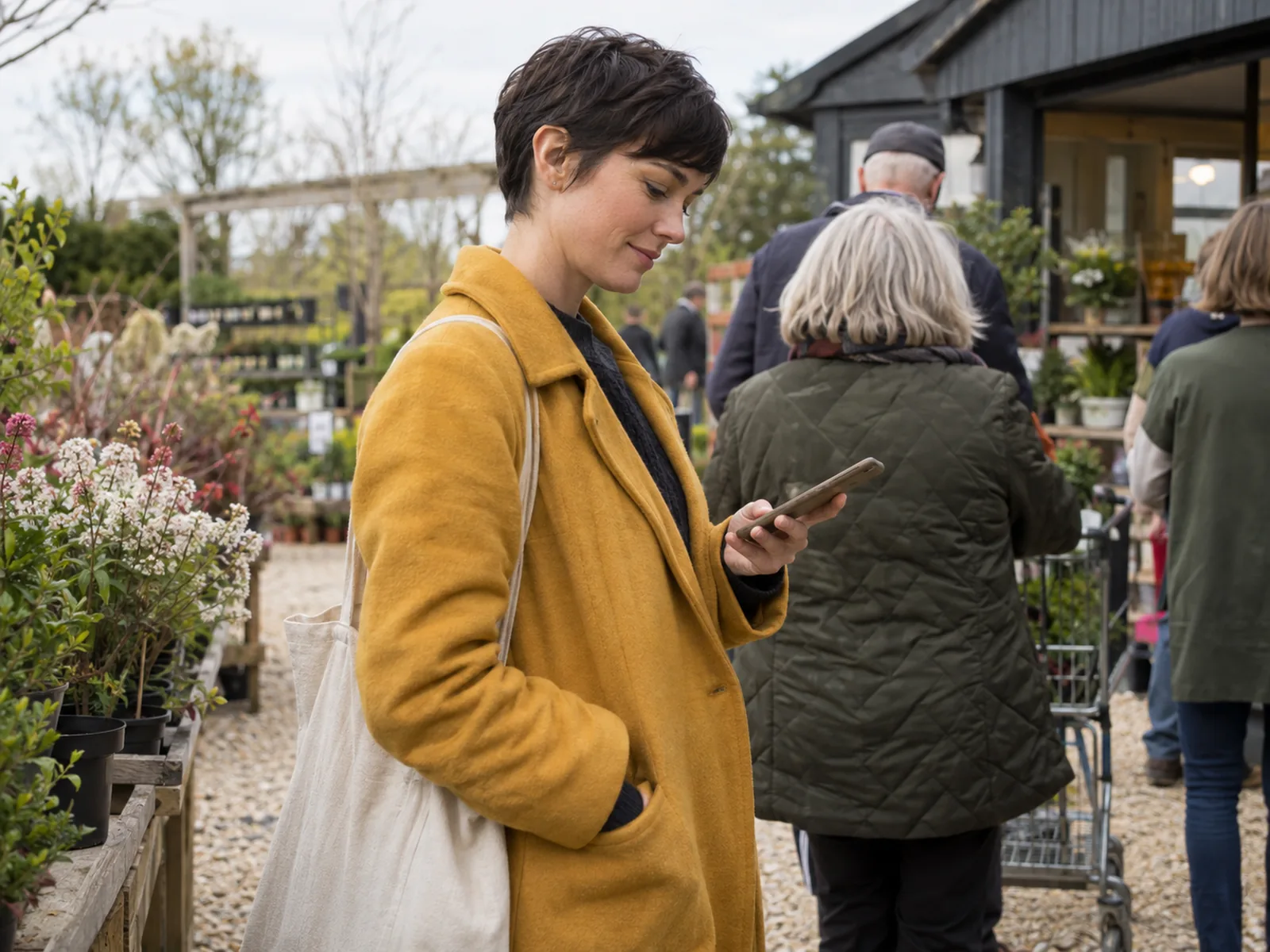 Woman in a mustard coat reading her phone in a garden-centre queue