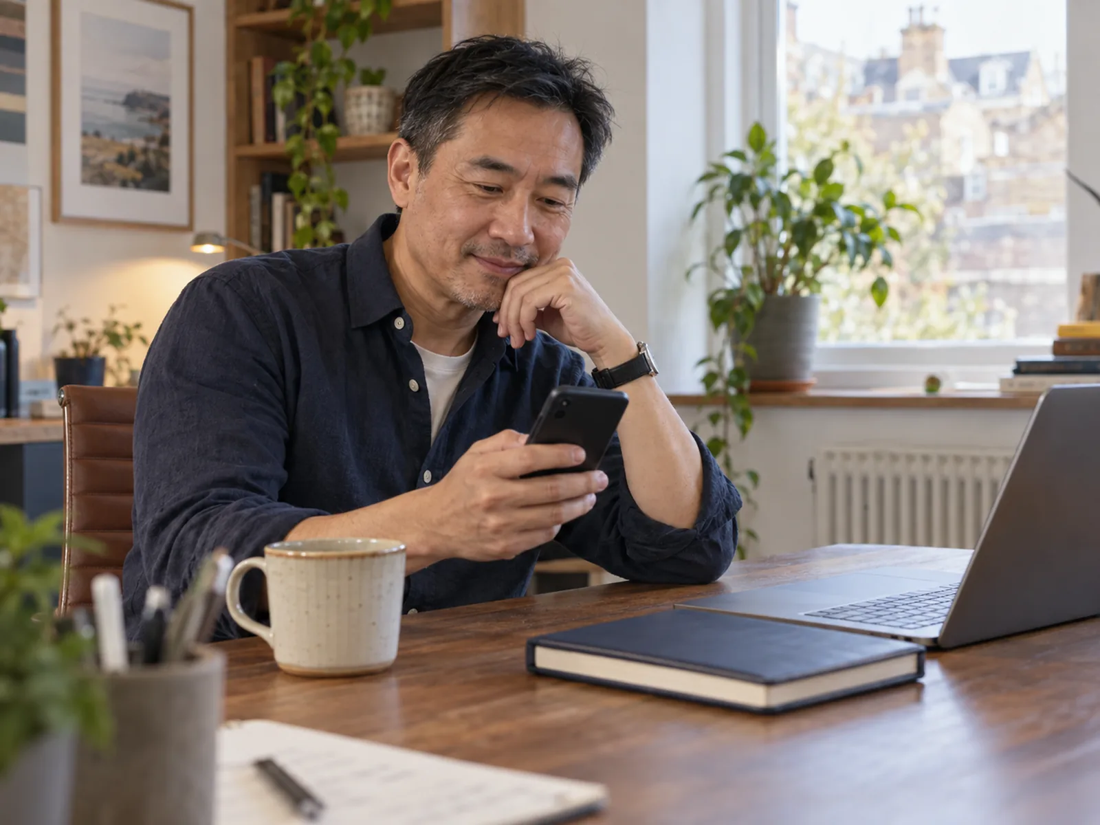 Man with grey hair smiling at his phone at a desk beside a laptop and a mug