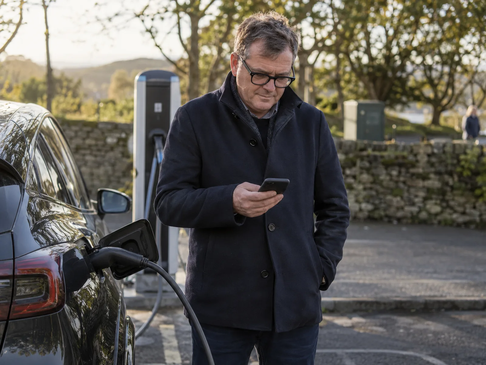 Man in large black glasses checking his phone beside a car at a charging bay