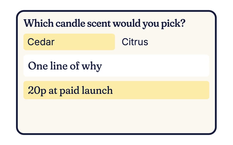 Example question card asking which candle scent you would pick, Cedar or Citrus