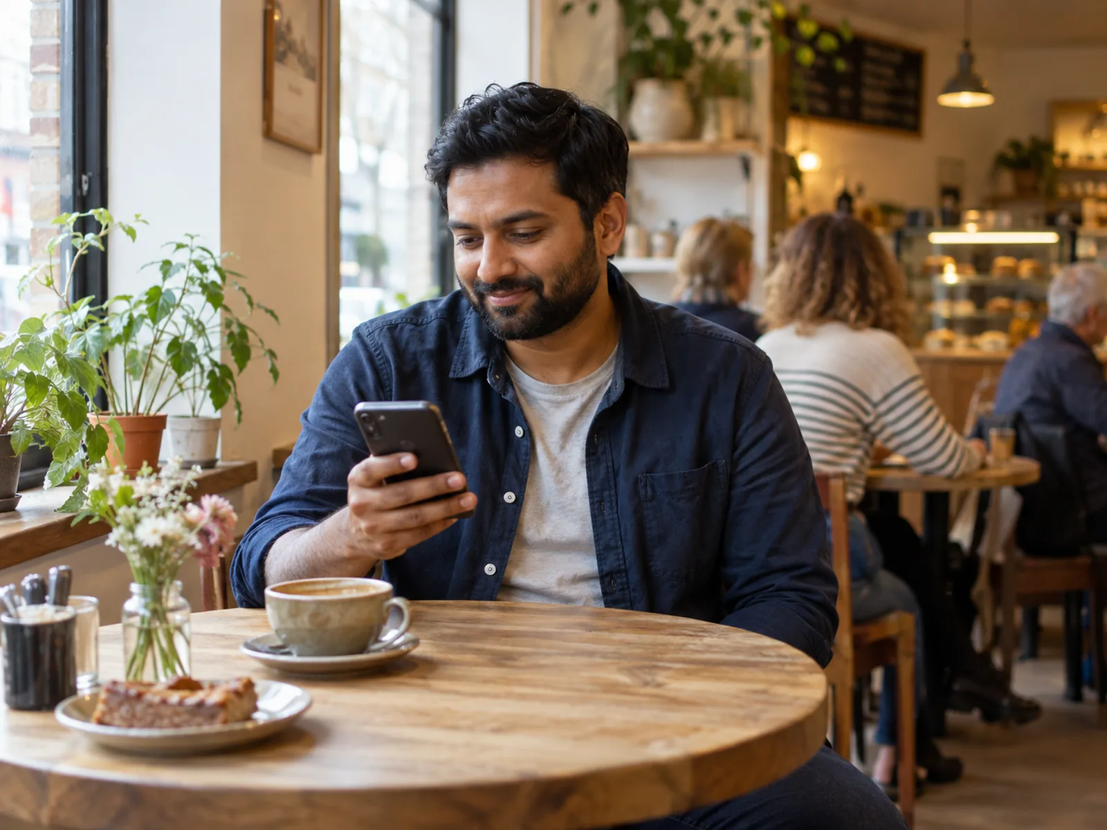 Man in a denim shirt reading his phone at a round café table with a coffee