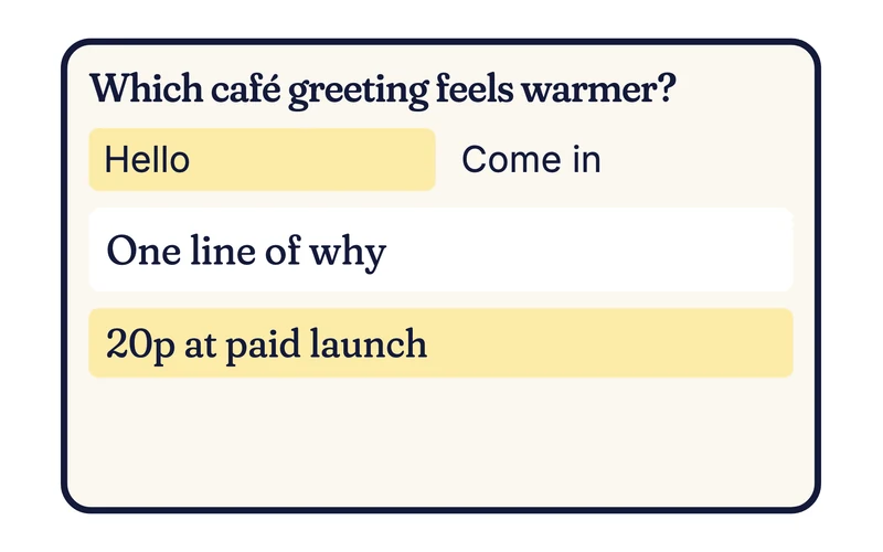Example question card asking which café greeting feels warmer, Hello or Come in