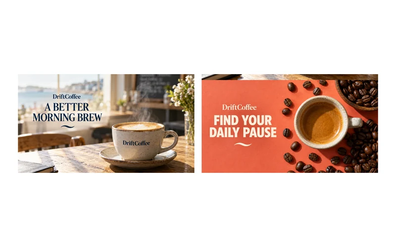 Example pair of coffee adverts, one with a café table and one in bright orange