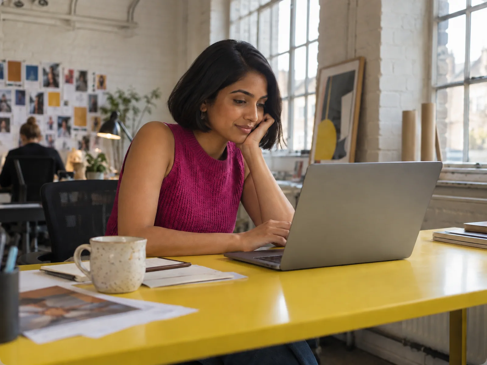 Woman in a magenta top looking at a laptop at a yellow desk in a bright studio