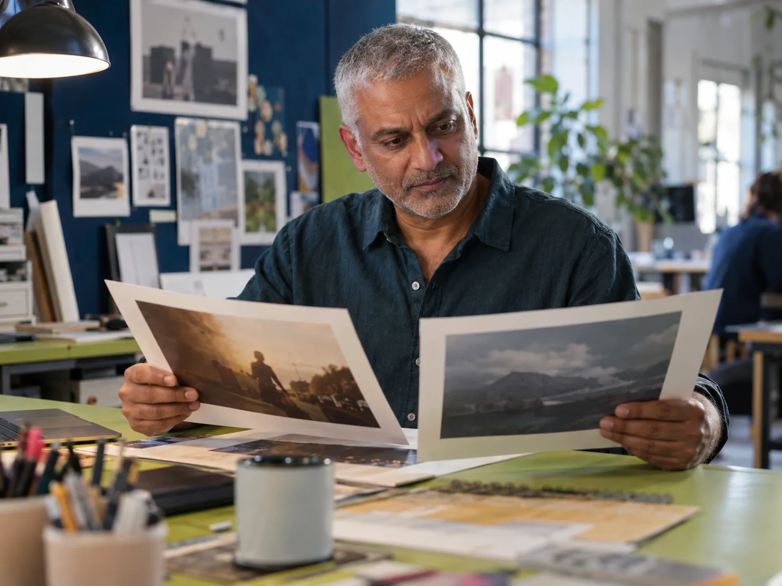 Man with a grey buzz cut comparing two printed advert proofs at a studio desk