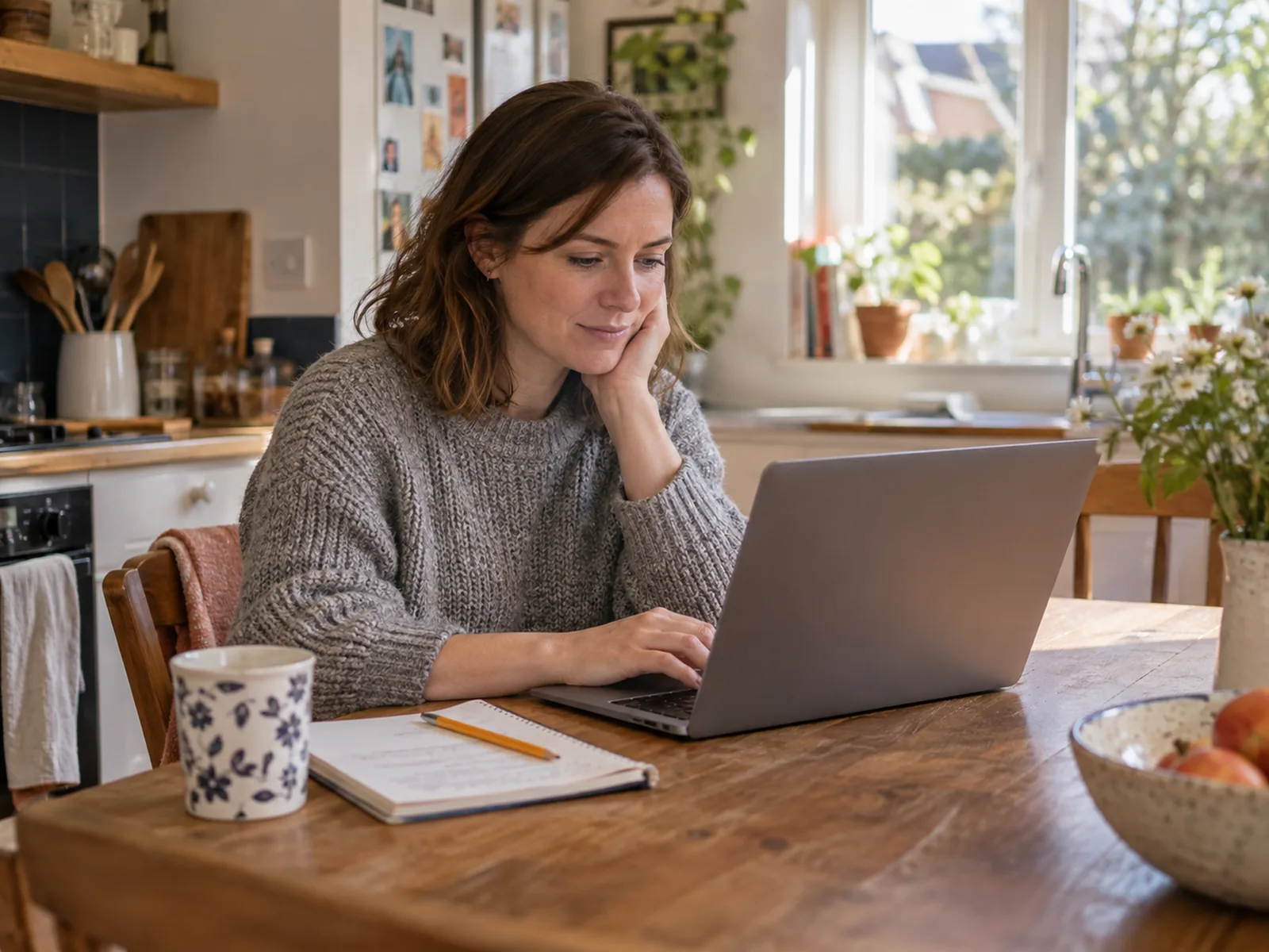 Woman in a grey jumper reading a draft on her laptop at a kitchen table