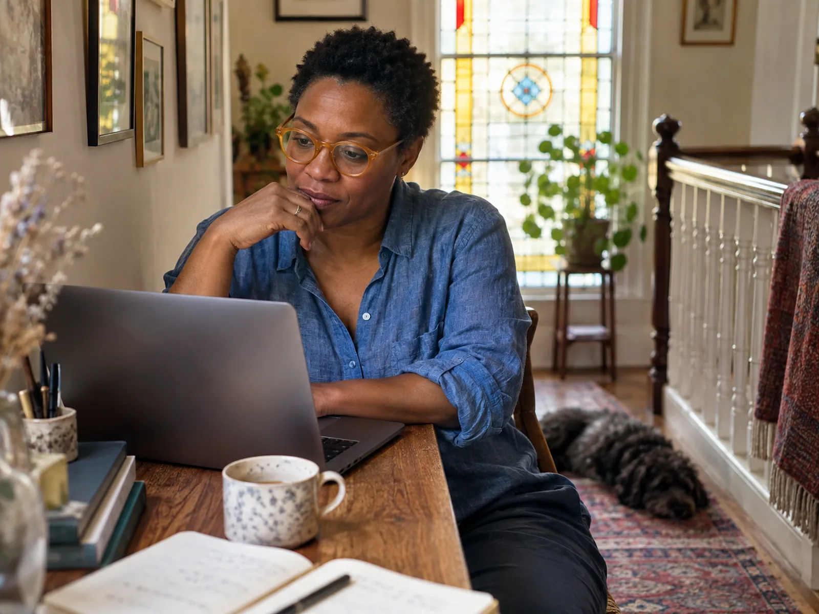 Woman in amber glasses reading her laptop at a desk beside a stained-glass window